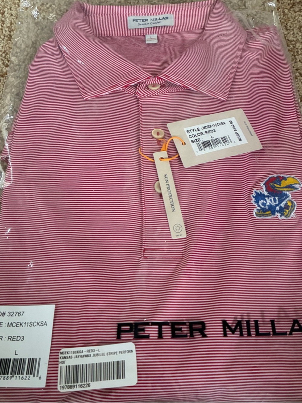 Peter Millar Pink and White Striped Polo with Jayhawk Patch